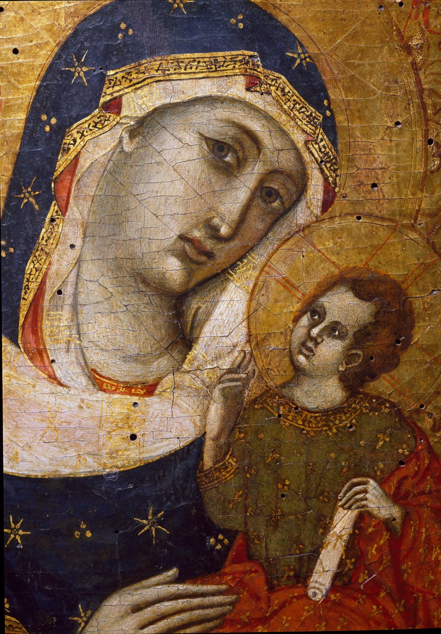 Jomfru med barn Detalj - Maleri på tre av mesteren av diptykon Sterbini (1300-tallet) Dim 33,5x26,7 cm Sete, Museo del Tesoro della Basilica di San Francesco av Master of the Sterbini Diptych