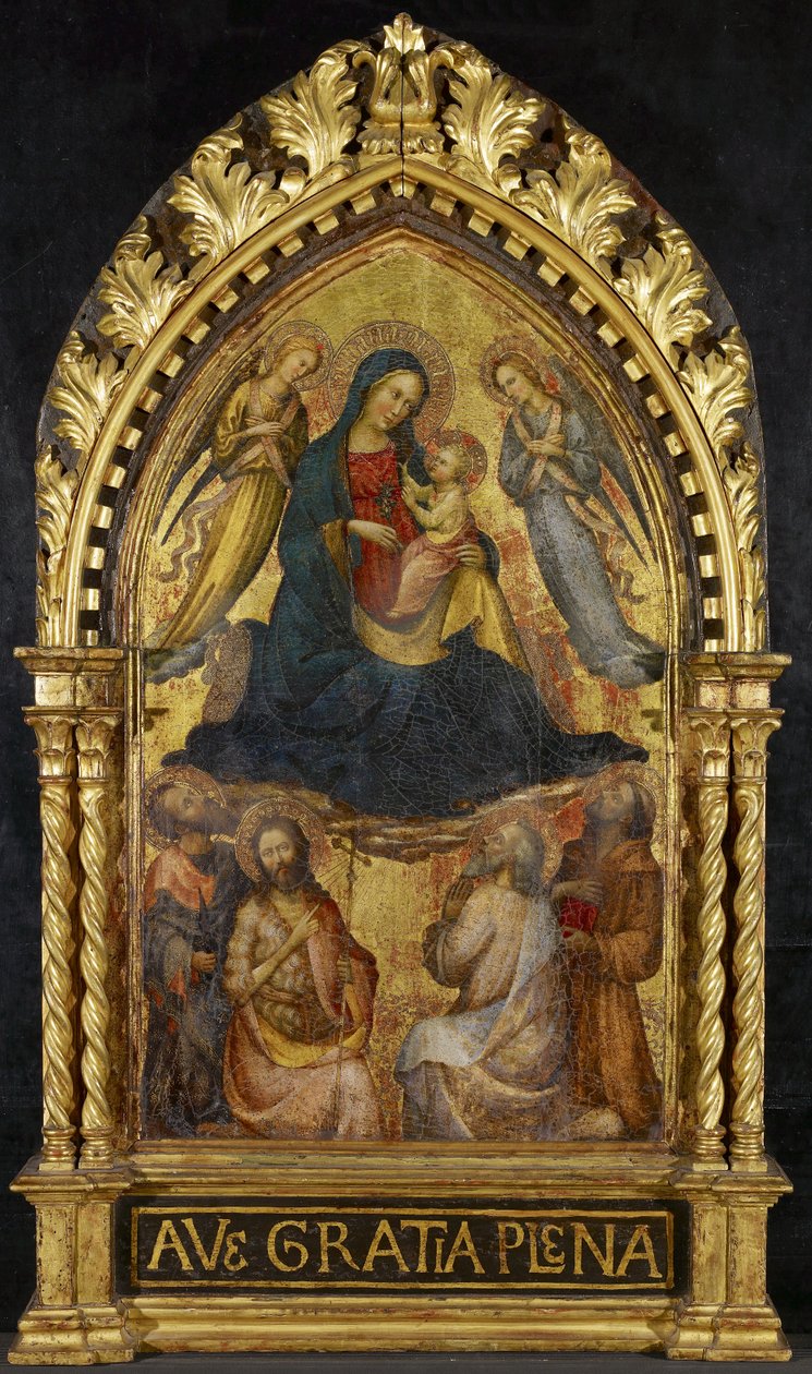 Jomfru og barn med engler og fire hellige, ca. 1400-15 (tempera og bladgull på panel) av Master of the Straus Madonna