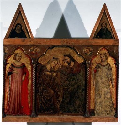 Triptych: Coronation of the Virgin flankert av to helgener (tempera på panel) av Master of the Urbino Coronation