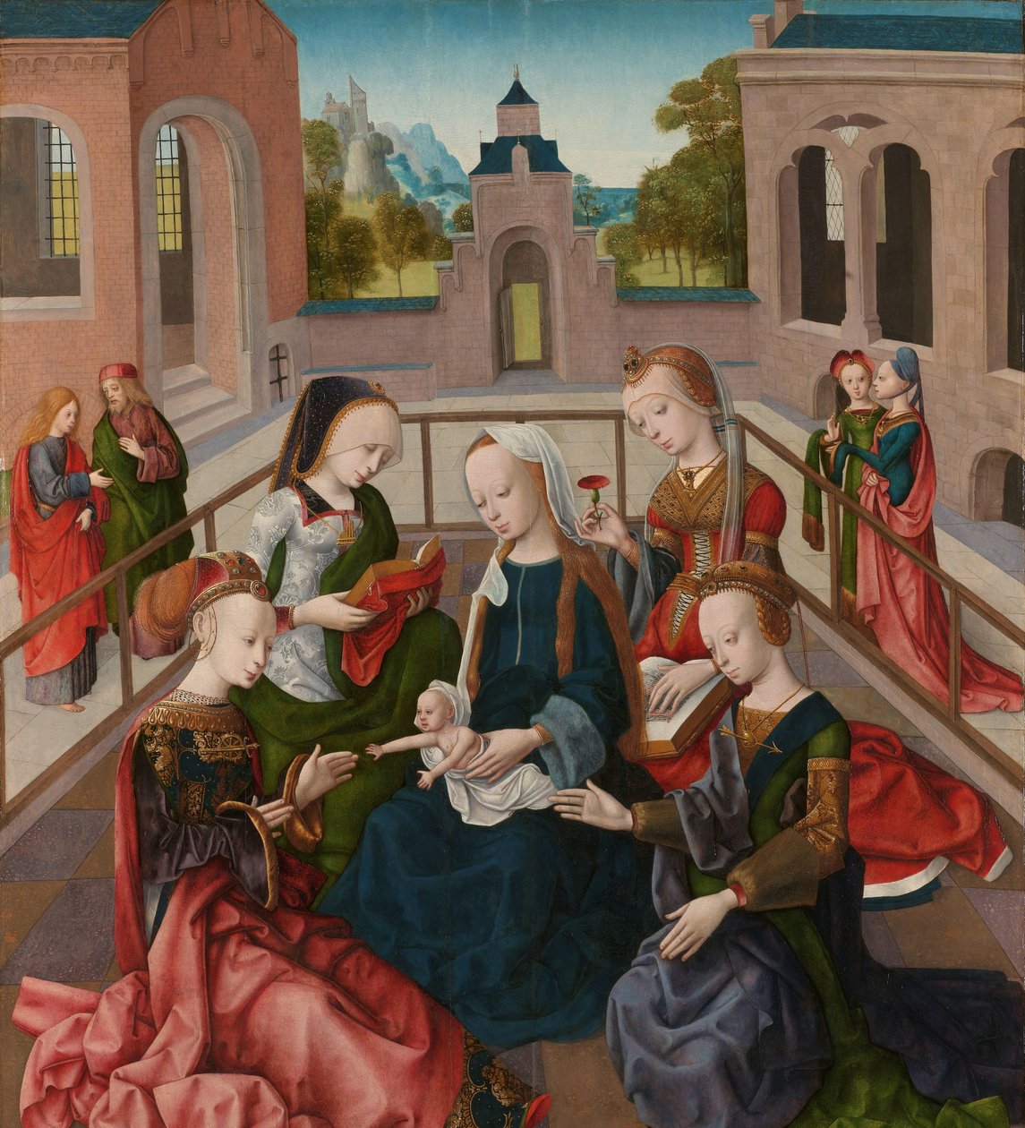 Jomfruen og barnet med fire hellige jomfruer Maria met kind met de heiligen Catharina, Cecilia, Barbara og Ursula av Master of the Virgo Inter Virgines