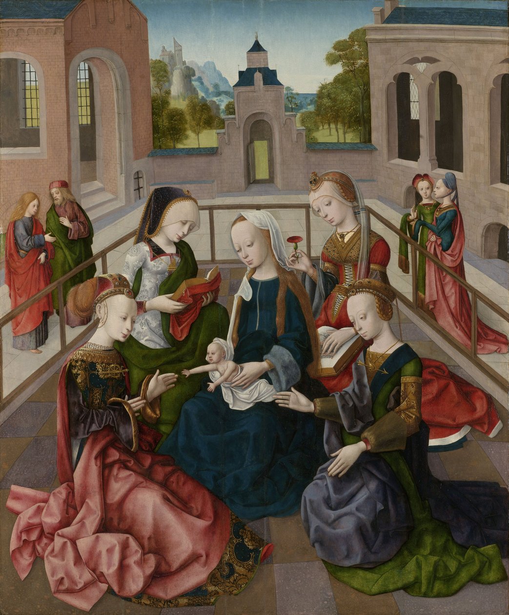 Jomfruen og barnet med fire hellige jomfruer, ca. 1495-1500 av Master of the Virgo Inter Virgines