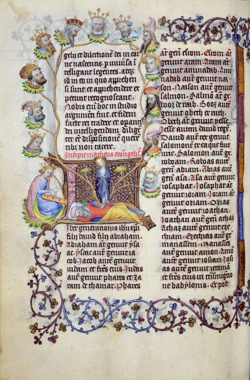 Ms 289.3 f.67v Jesse-treet som kommer fra en initial, fra Matteus-evangeliet, Utrecht, ca. 1425 (bladgull, blekkgull og tempera på pergament) av Masters of Zweder van Culemborg