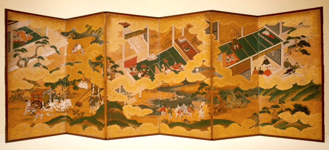 Tales Of Genji, ca. 1650 (blekk, farge og bladgull på papir, seksdelt skjerm) av Matabei Iwasa