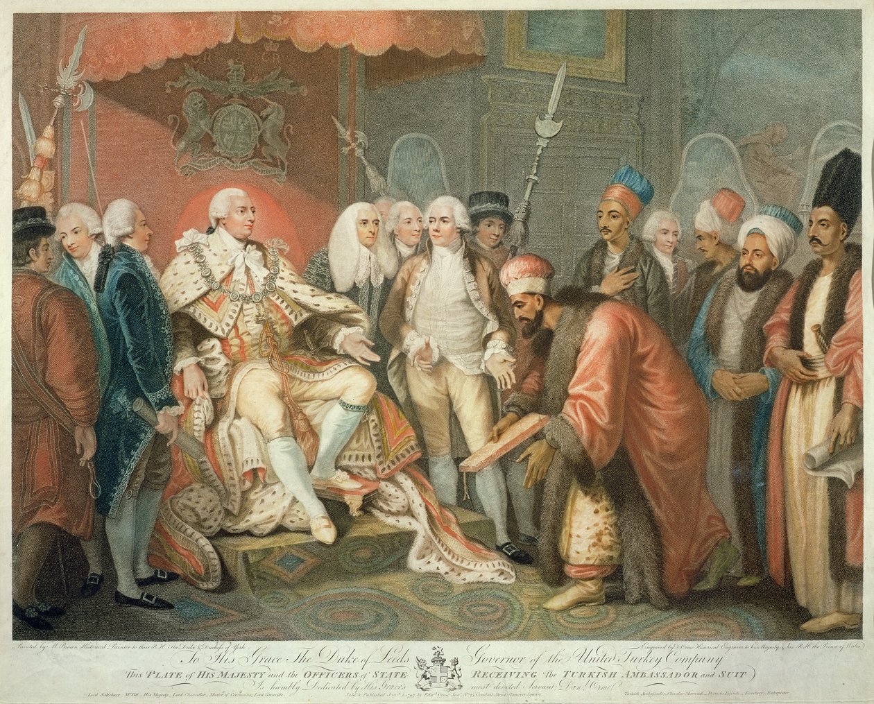 Hans Majestet og statsoffiserer som mottar den tyrkiske ambassadøren og drakten, gravert av Daniel Orme (1767-s.1832), pub. av Edward Orme, 1797 (stippgravering) av Mather Brown