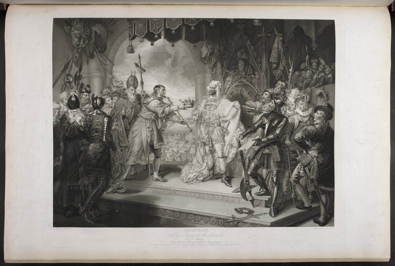 Kong Richard den andre. Akt IV. Scene I.King Richard, Bolingbroke, York, Aumerle, etc. Ved parlamentshuset, ca. 1803 (gravering) av Mather Brown