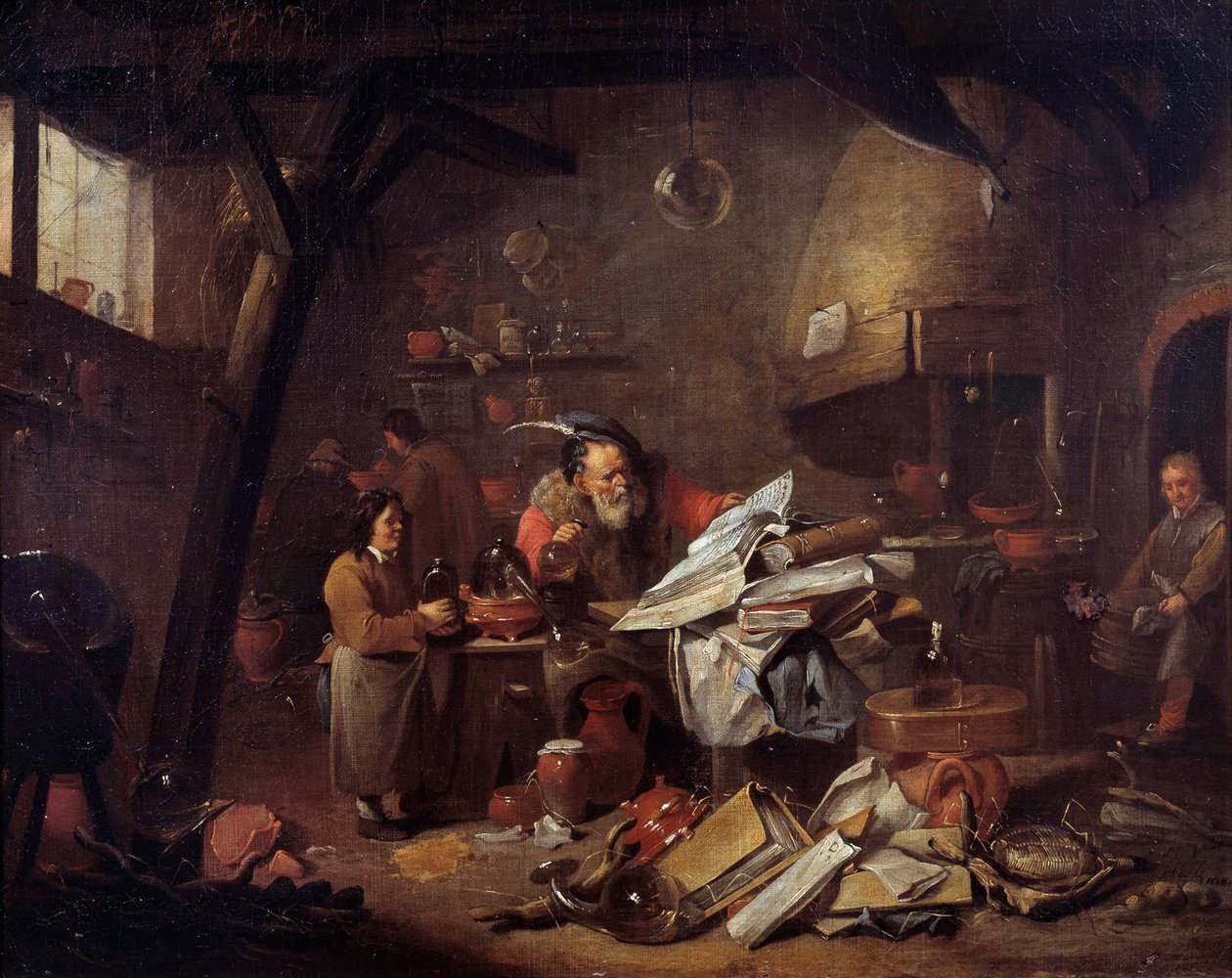 Interiør i et laboratorium for alkymistmaleri av Matheus van Helmont (1623-1679) Montpellier-museet Fabre fra 1600-tallet av Matheus van Helmont