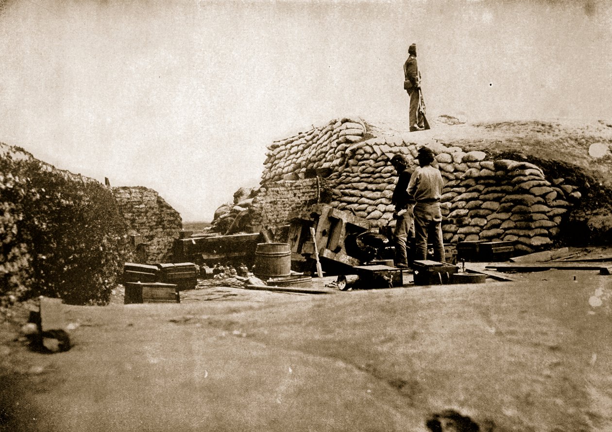 Sandposeforsvar og sprengt våpen, 1861-65 av Mathew B. Brady