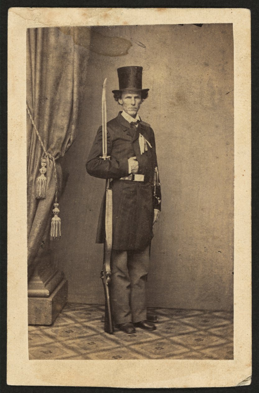 James Henry Lane (1814-1866), politiker og leder for Free State Party of Kansas, portrett i full lengde, med pistol (sepia-bilde) av Mathew B. Brady