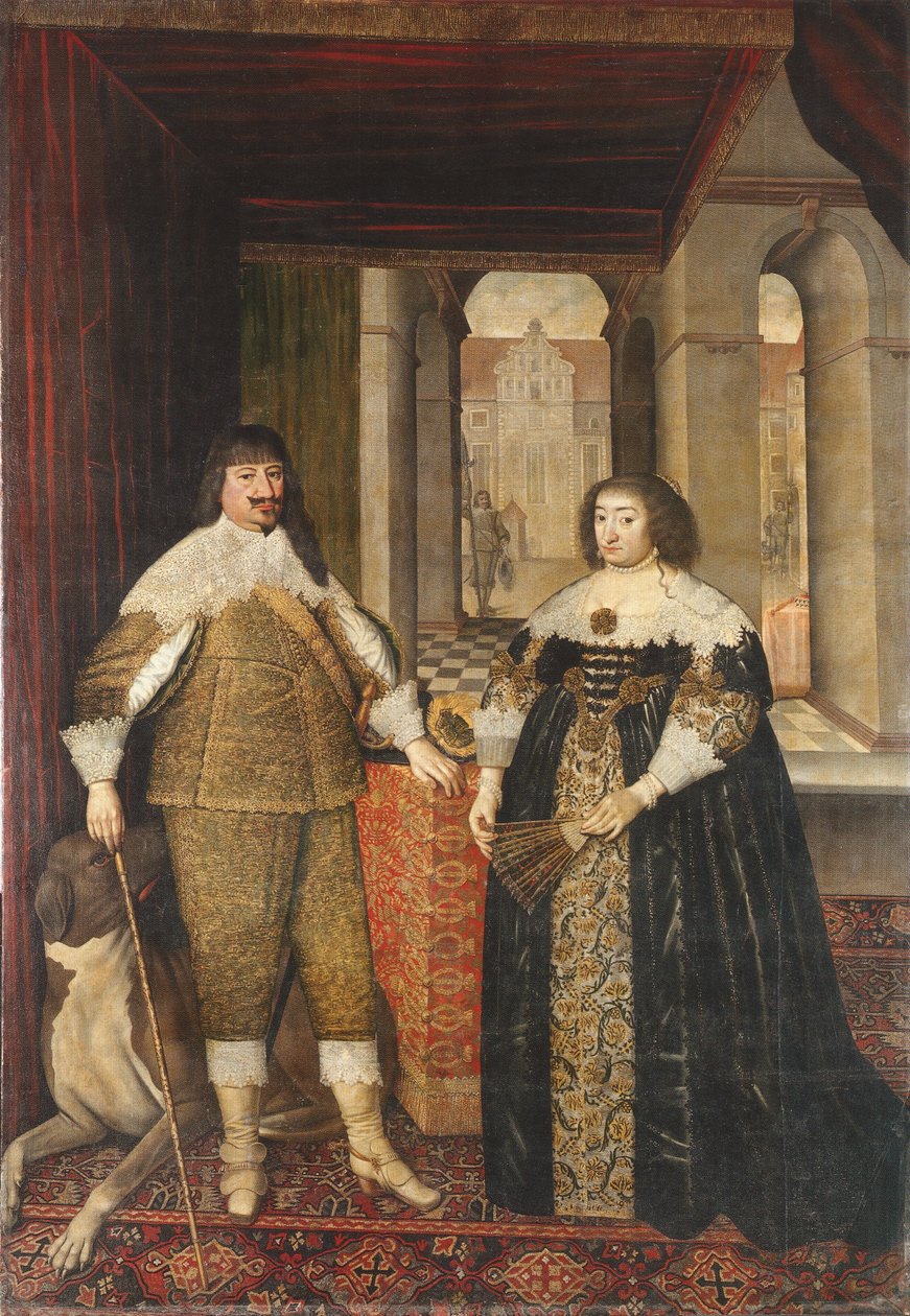 Portrett av George William, kurfyrsten i Brandenburg og hans konsort Elizabeth Charlotte av Pfalz og en mastiff av Mathias Czwiczek