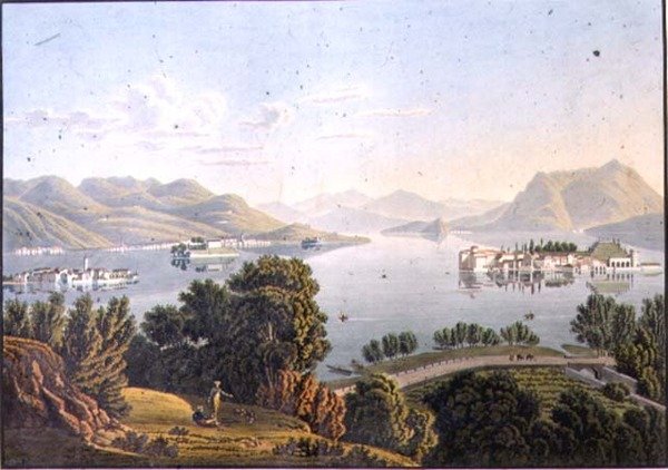 Utsikt over Lago Maggiore og Borromeo-øyene (gravering) av Mathias Gabriel (after) Lory