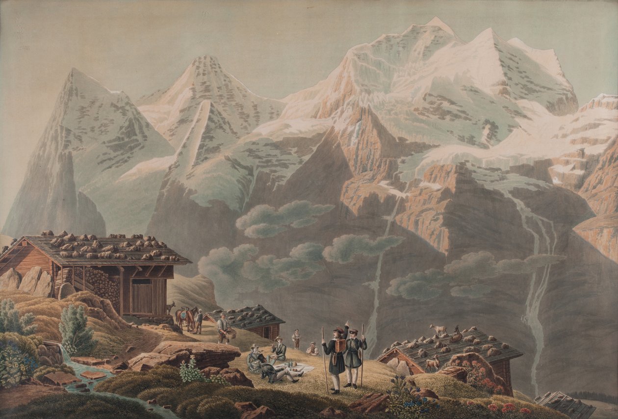 Jungfrau, Münch, Eiger fra Wengernalp 1822 (Akvarell) av Mathias Gabriel Lory