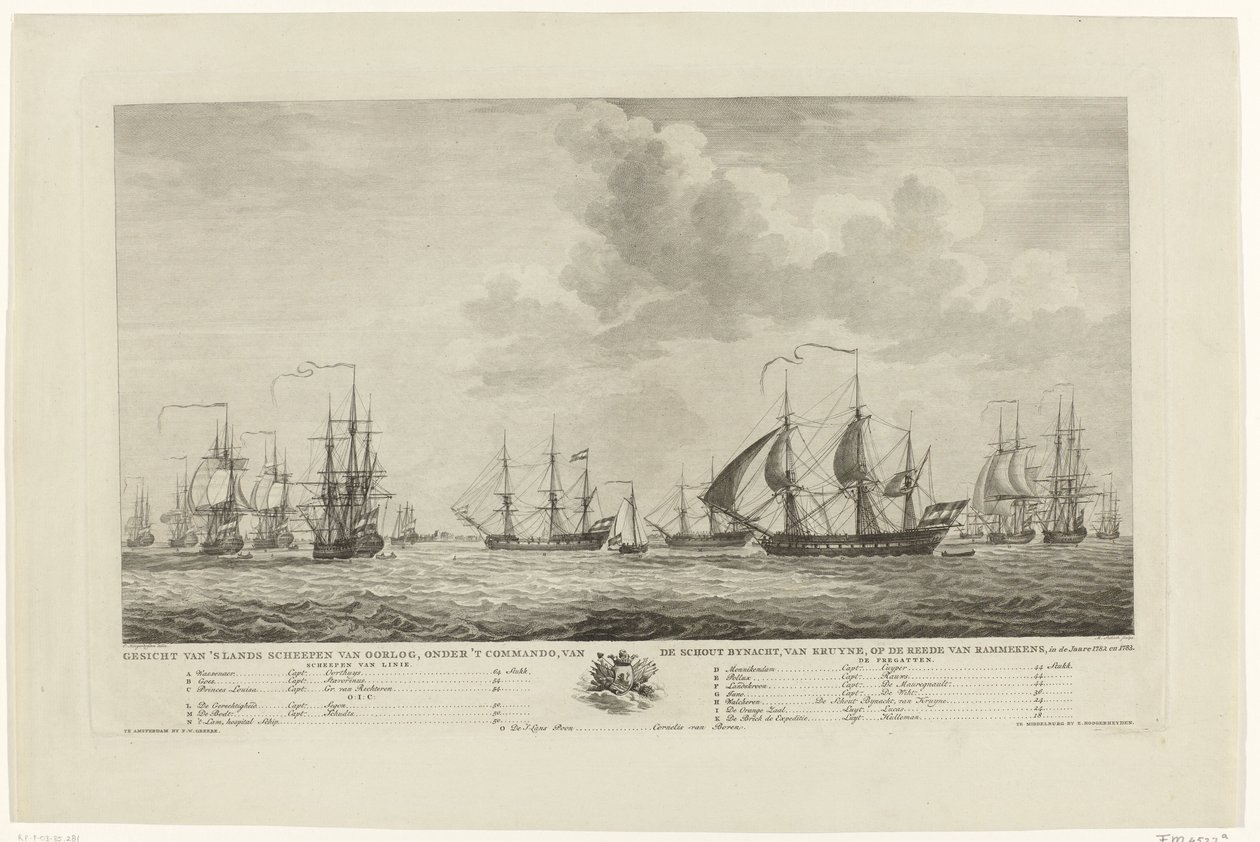 Den nederlandske krigsflåten utenfor Rammekens, 1782-1783 Utsikt over de nasjonale krigsskipene, under kommando av kontreadmiralen, van Kruyne, på veien til Rammekens, i den Jaare 1782 og 1783 (tittel på objekt) av Mathias de Sallieth