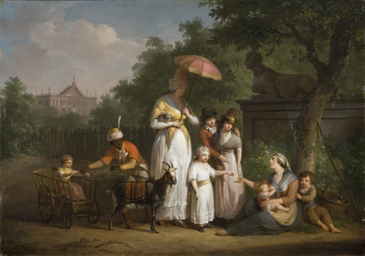 En adelig familie deler ut almisser i en park - A Noble Family Distributing Alms in a Park, av Bree, Mathieu Ignace van (1773-1839). olje på tre av Mathieu Ignace van Bree