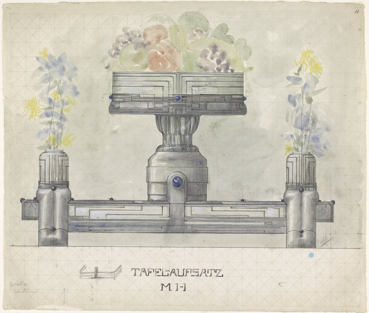 Design for et bord i sølv, dekorert med blomster og frukt av Mathieu Lauweriks