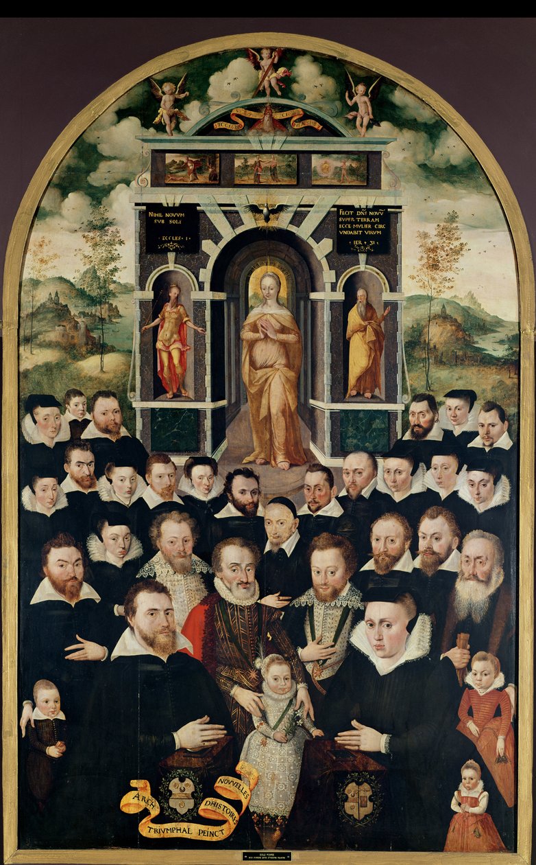 Allegorisk panel som viser Jomfruen, Henri IV (1553-1610) og hoffmenn, givere, hans kone og medlemmer av deres familie av Mathieu Prieur