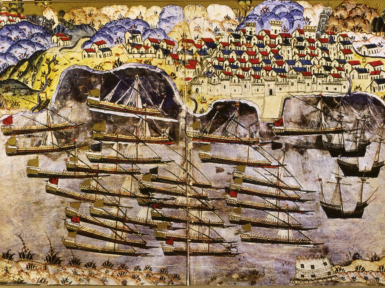 Barbarossas flåte overvintrer i den franske havnen i Toulon, 1543, midten av 1500-tallet av Matrakci Nasuh