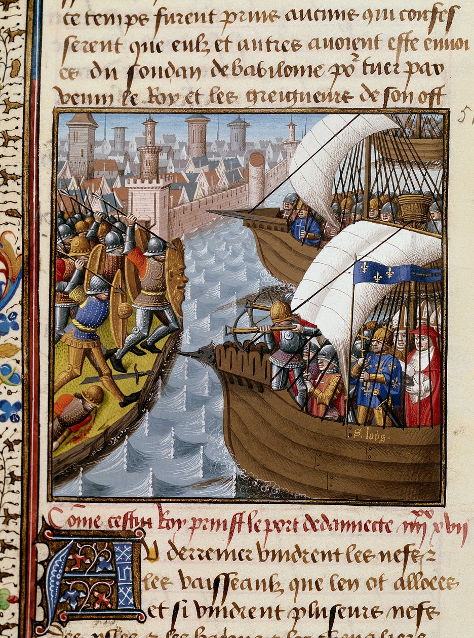 Syvende korstog: Kong Saint Louis (1214-1270) og kryssene som beleiret Damietta i juni 1249 i Nedre Egypt. Miniatyr hentet fra manuskriptet "Speculum historiale"" (Le Mirror historial) av Vincent de Beauvais (1184/94-1264) belyst av Mesteren av Maître François