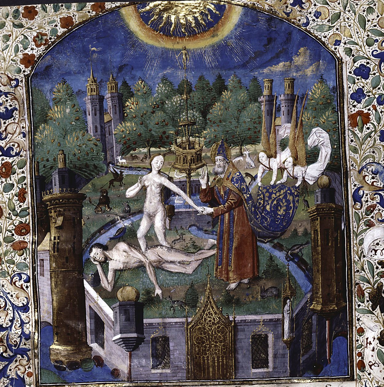 Skapelsen av Eva fra kroppen til den sovende Adam Fra De cleres et nobles femmes av Giovanni Boccaccio, 1450-1475 av Maître François