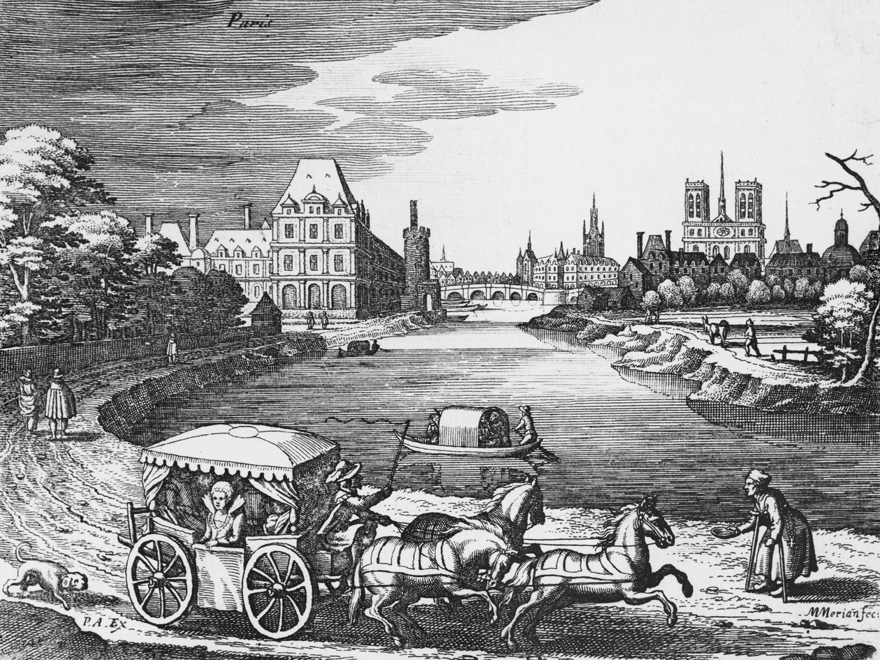 Utsikt over Louvre og Tuileriene med en scenecoach i forgrunnen av Mattaus the Younger Merian