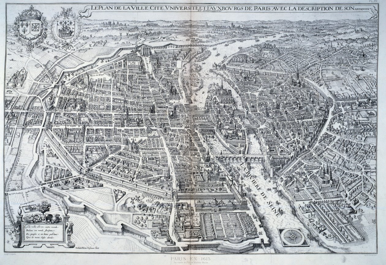 Plan over Paris i 1615. Gravering av Mathieu Merian av Mattaus the Younger Merian