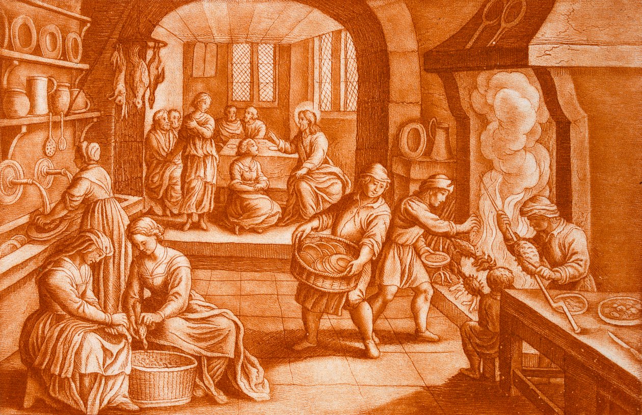 Historien om Maria og Martha, illustrasjon fra Bibelen, gravert av J.C. Bodenehr (sepiagravering) av Mattaus the Younger Merian