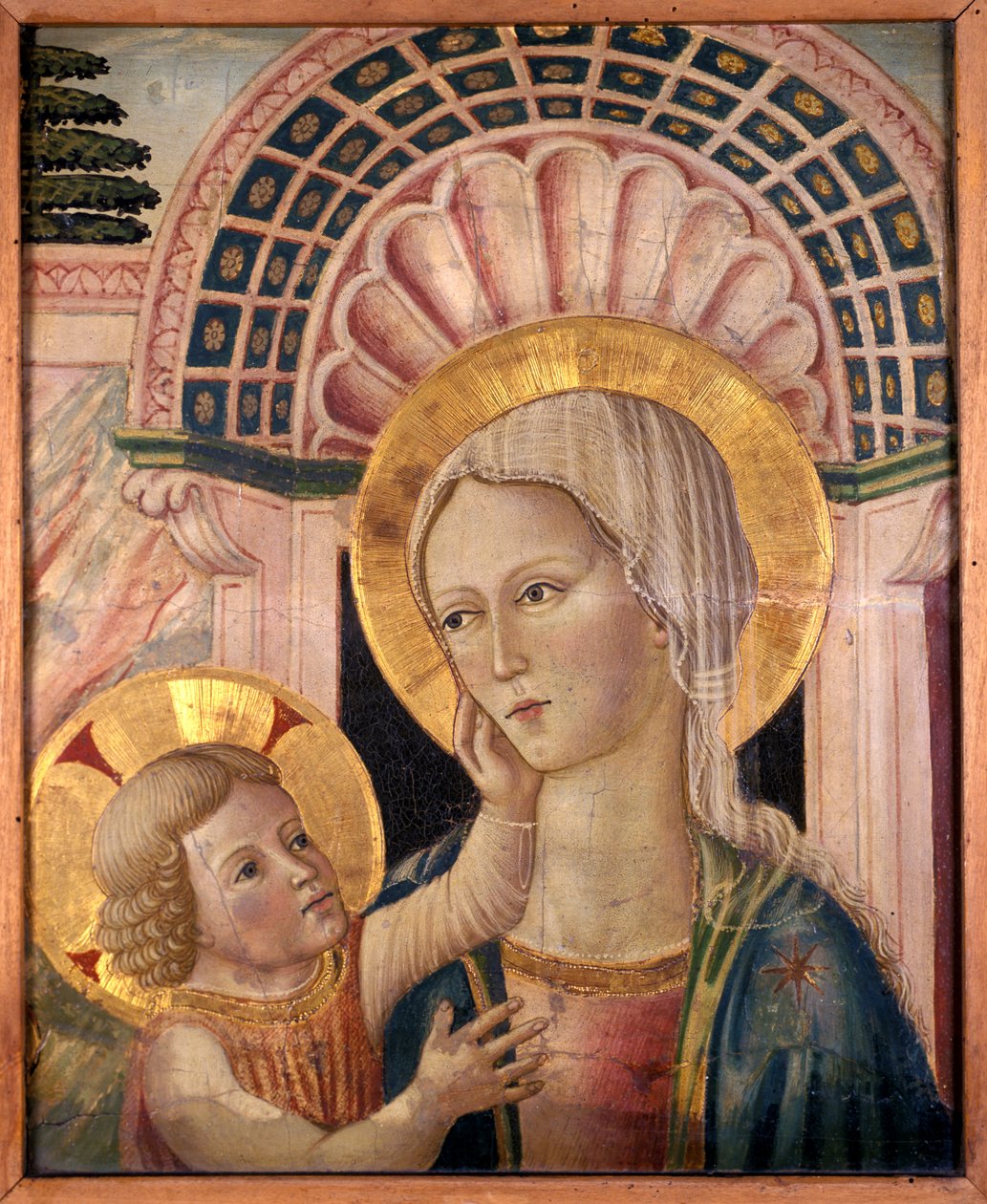 Madonna og barn foran en kamskjellnisje (tempera på poppeltre) av Matteo da Gualdo