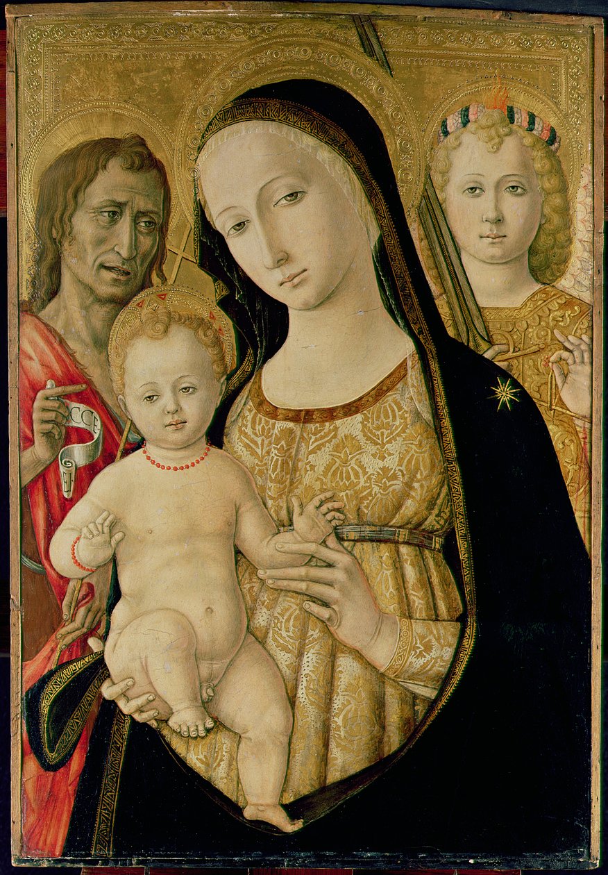 Madonna og barn med døperen Johannes og erkeengelen Mikael, ca. 1485-95 (tempera på panel) av Matteo di Giovanni di Bartolo