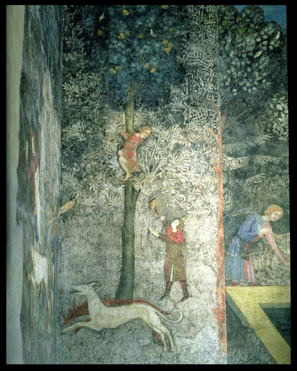 Jakthunder og menn som klatrer i et tre, detalj av det dekorative oppsettet fra La Chambre du Cerf Stag Room 1347 fresco av Matteo Giovanetti