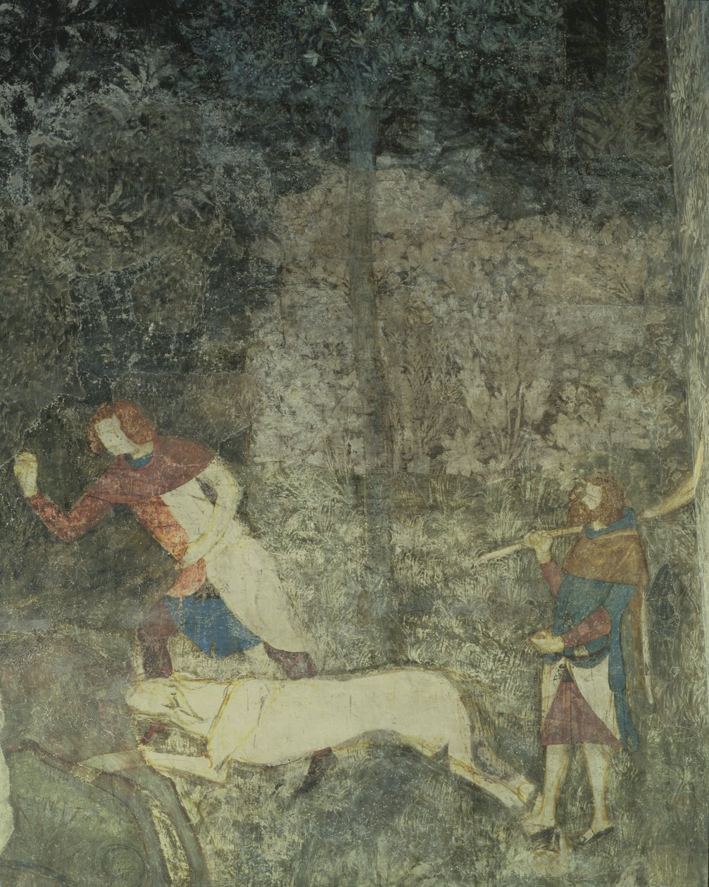 Menn på jakt med hunder, detalj av dekorativt oppsett fra La Chambre du Cerf Stag Room 1347 fresco av Matteo Giovanetti