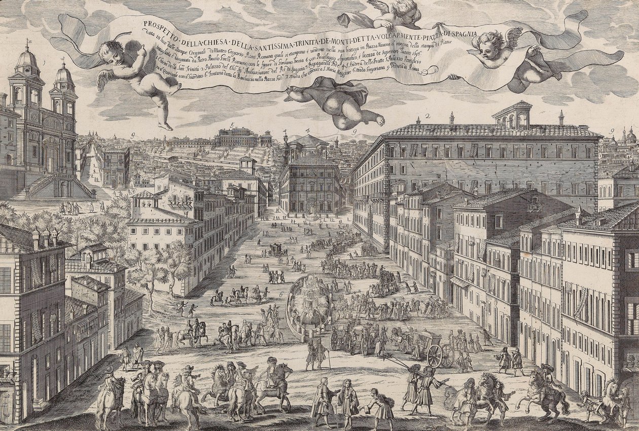 Prospekt av kirken Santissima Trinita de Monti, ofte kjent som Piazza di Spagnia, 1696. av Matteo Gregorio de Rossi