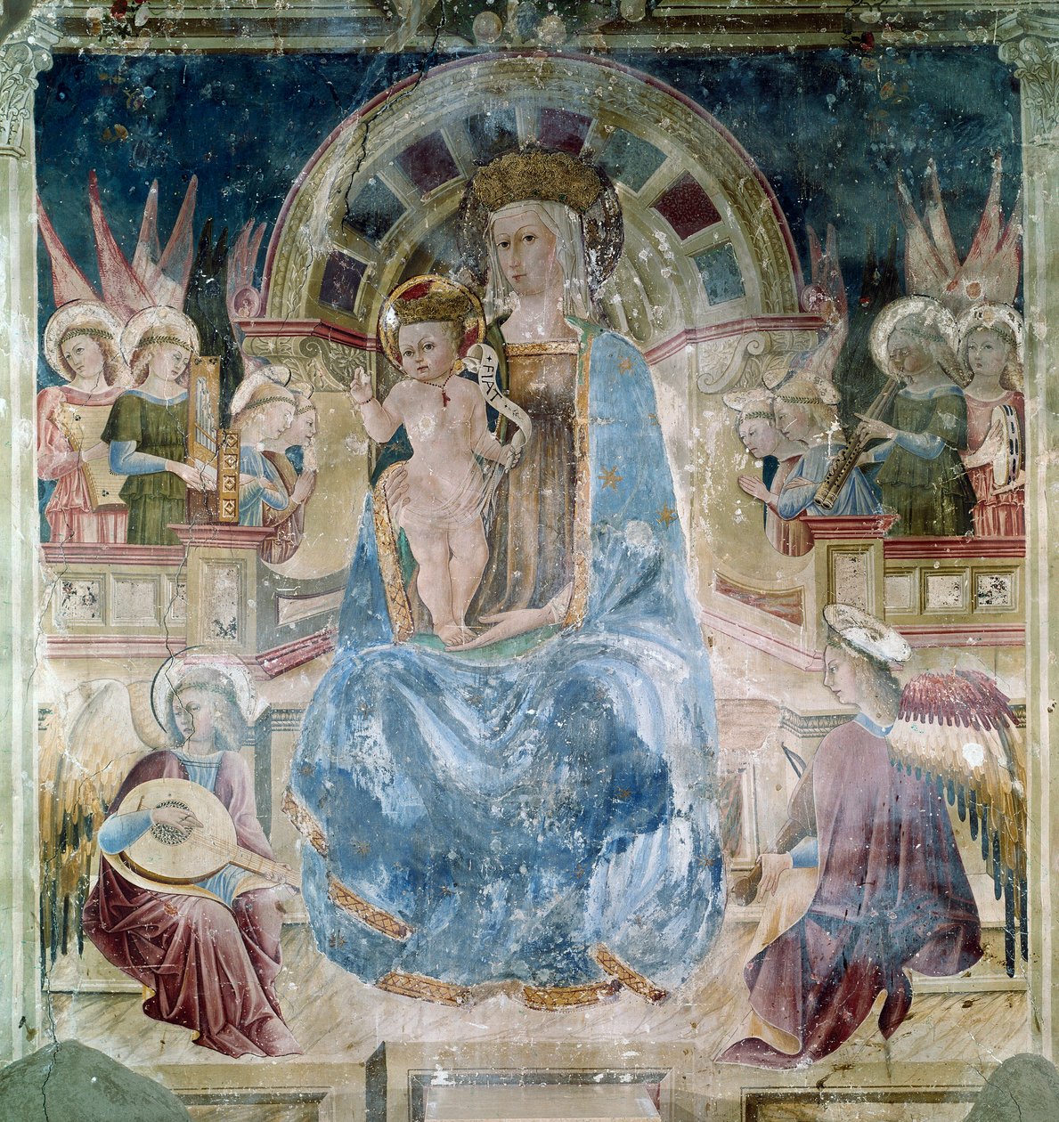 Jomfru og barn omgitt av hellige og engler Fresco av Matteo da Gualdo (ca. 1435-1507) Basilica of Saint Francois (San Francesco), Øvre kirke, Assisi av Matteo da Gualdo