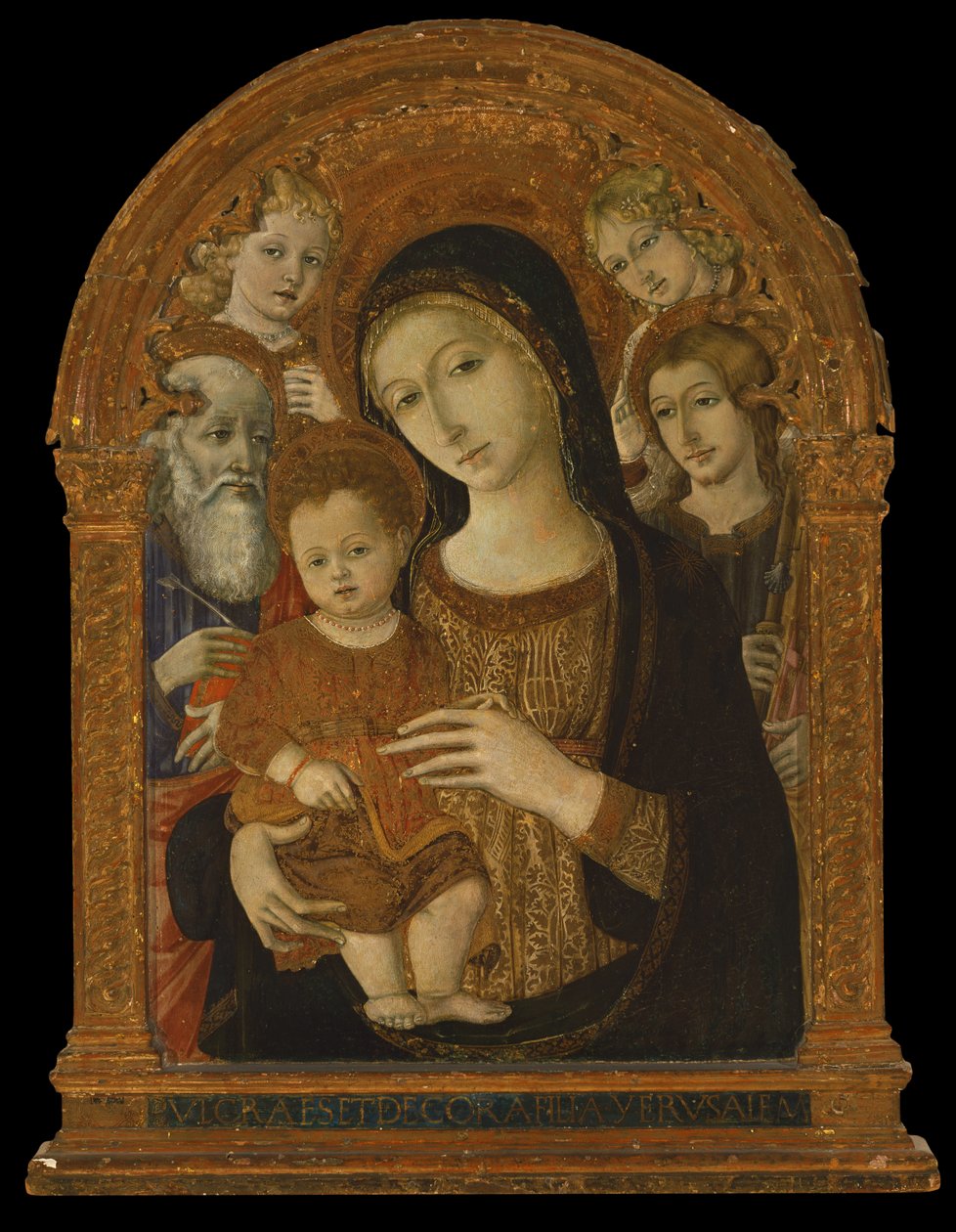 Jomfruen og barnet mellom de hellige Johannes evangelisten, Jakob og to engler, ca. 1480-1490 (tempera og olje på panel) av Matteo di (c.1430 95) Giovanni
