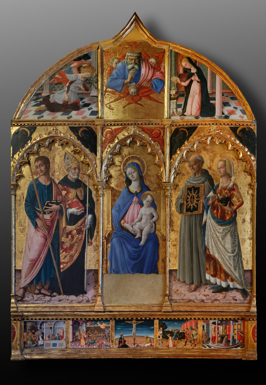 Madonna og barnet med de hellige Jakob, Augustin, Bernardine og Margaret, de første tiårene av 1300-tallet (tempera på panel) av Matteo di (c.1430-95) Giovanni