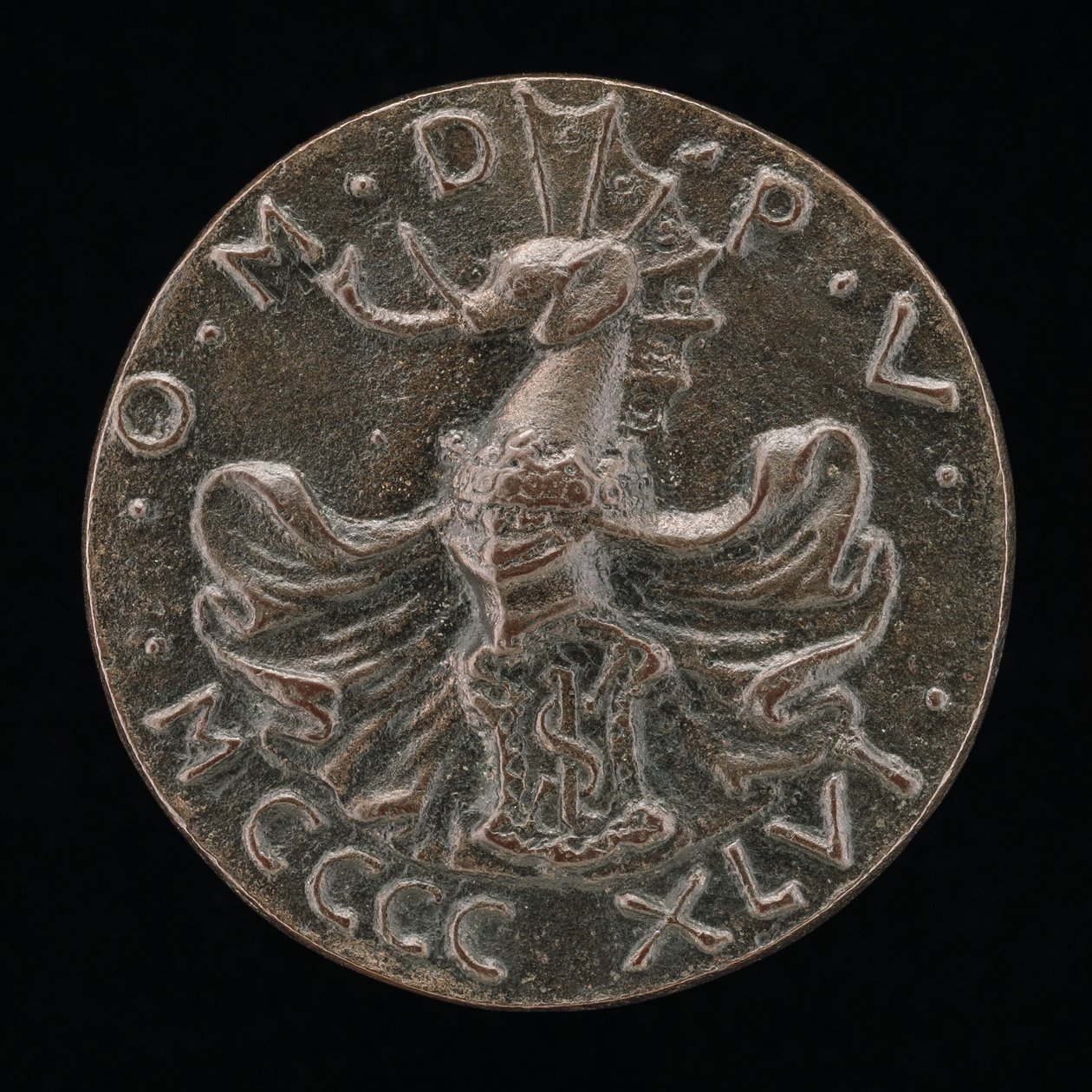 Skjold, hjelm, elefantvåpen og kappe [revers], 1446. av Matteo di Andrea de Pasti