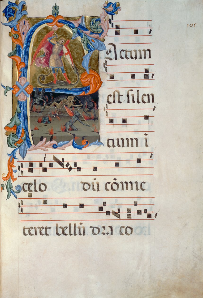 St. Michael Erkeengel beseirer demonene. Miniatyr tilskrevet Matteo Torelli, fra en antifonær som dateres til 1394 (Corale 5, ca. 105v) av Matteo di Filippo Torelli
