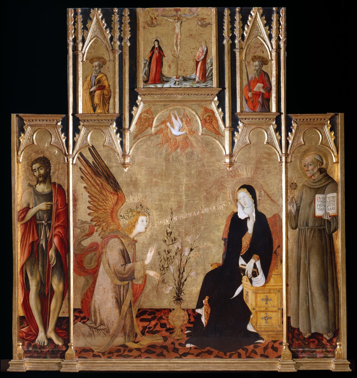 Bebudelse med de hellige døperen Johannes og Bernardino da Siena. Korsfestelsen. De hellige Peter og Paul, mellom 1455 og 1464 av Matteo di Giovanni
