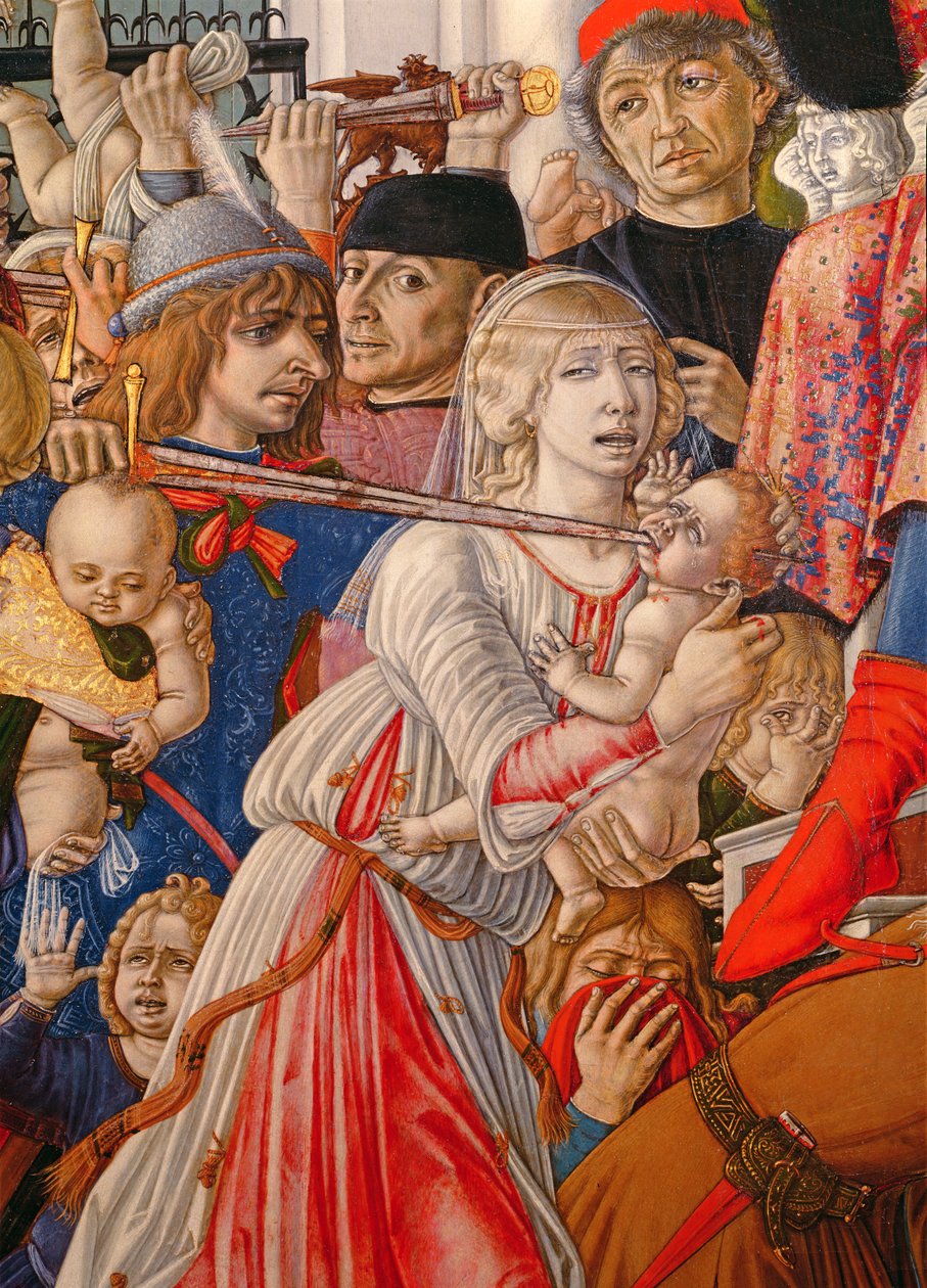 The Massacre of the Innocents, detalj av en soldat som gjennomborer en baby med sverdet sitt, 1482 tempera på paneldetalj av 106233 av Matteo di Giovanni di Bartolo