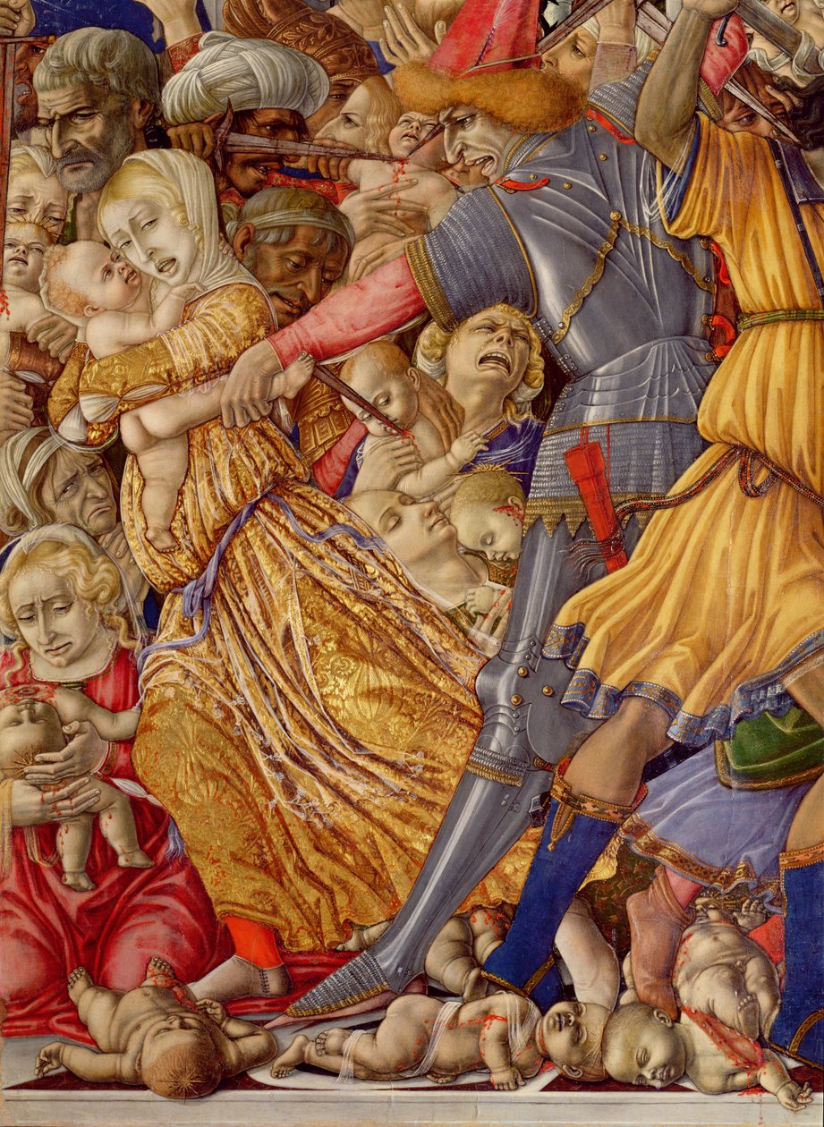 The Massacre of the Innocents, detalj av en soldat som forbereder seg på å stikke et barn og omliggende blodbad, 1482 tempera på paneldetalj av 106233 av Matteo di Giovanni di Bartolo