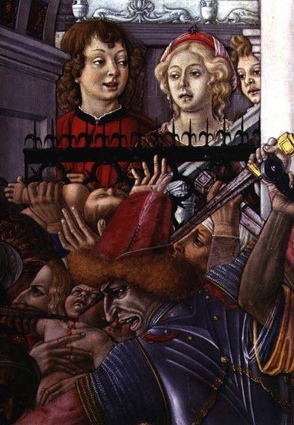 The Massacre of the Innocents, detalj av to tilskuere som observerer blodbadet fra palasset av Matteo di Giovanni di Bartolo