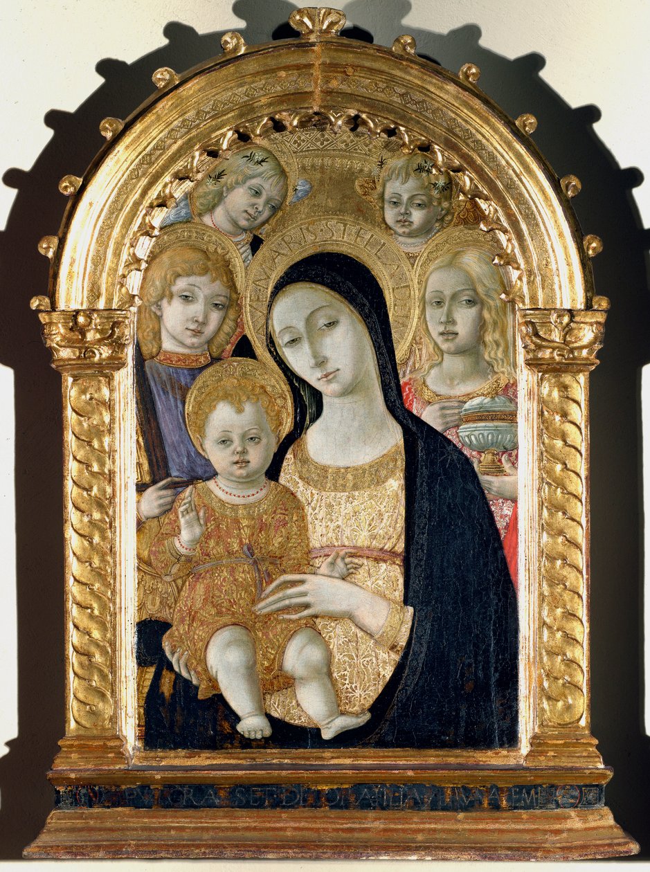 Jomfru med Jesus-barn, Saint Michael, Saint Mary Magdalene (maleri på tre av Matteo di Giovanni di Bartolo