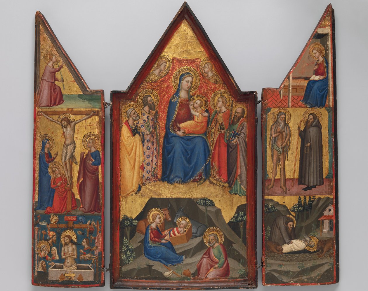 Madonna og barn tronet med hellige... , og under fødselsfødselen..., ca. 1380-90. av Matteo di Pacino