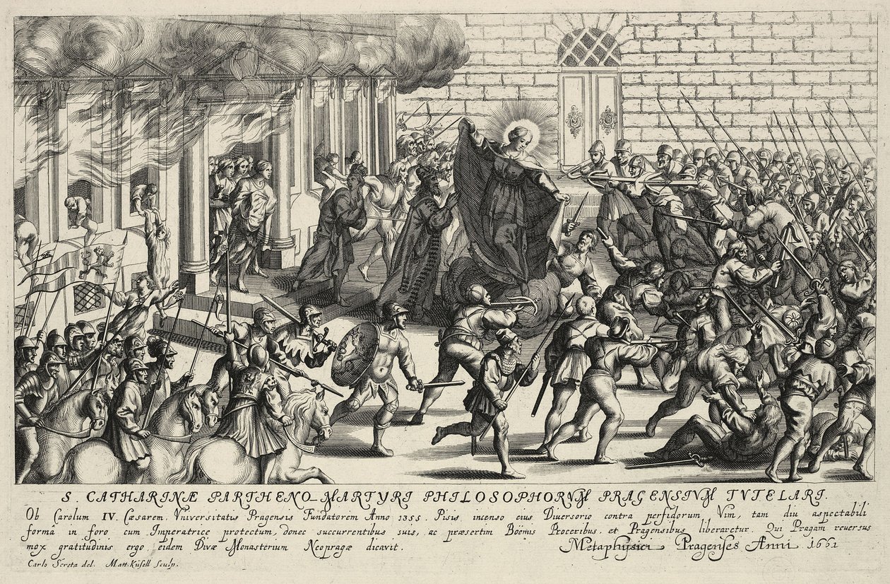 Saint Catherine beskytter Charles IV under det folkelige opprøret i Pisan i mai 1355 av Matthäus Küsel
