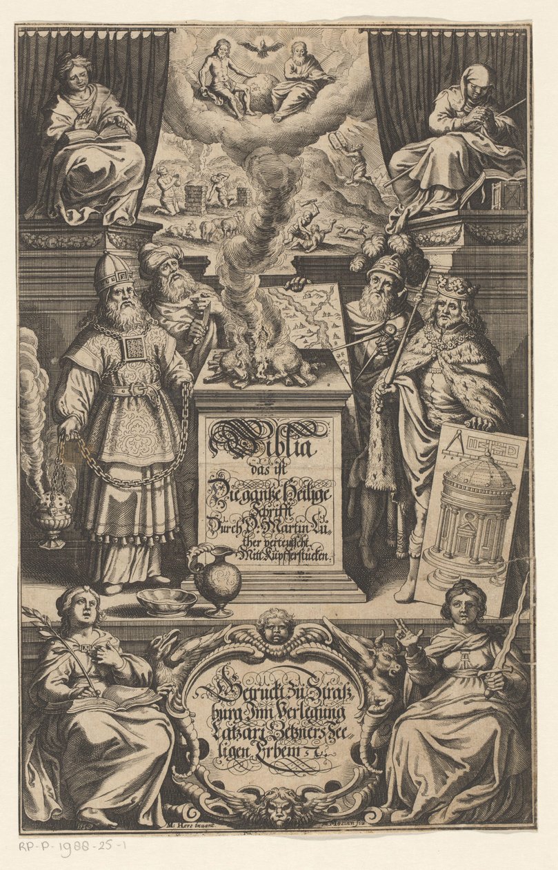 Tilby van a lam til fire menn Tittelside for: Martin Luther. Biblia som er hele den hellige skrift oversatt av D. Martin Luther, s.a. av Matthäus Merian (I)