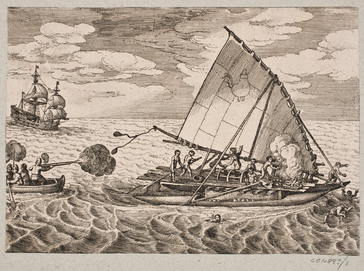 Nederlandsk fangstskip med ville mennesker og barn av Matthäus Merian d.Æ.