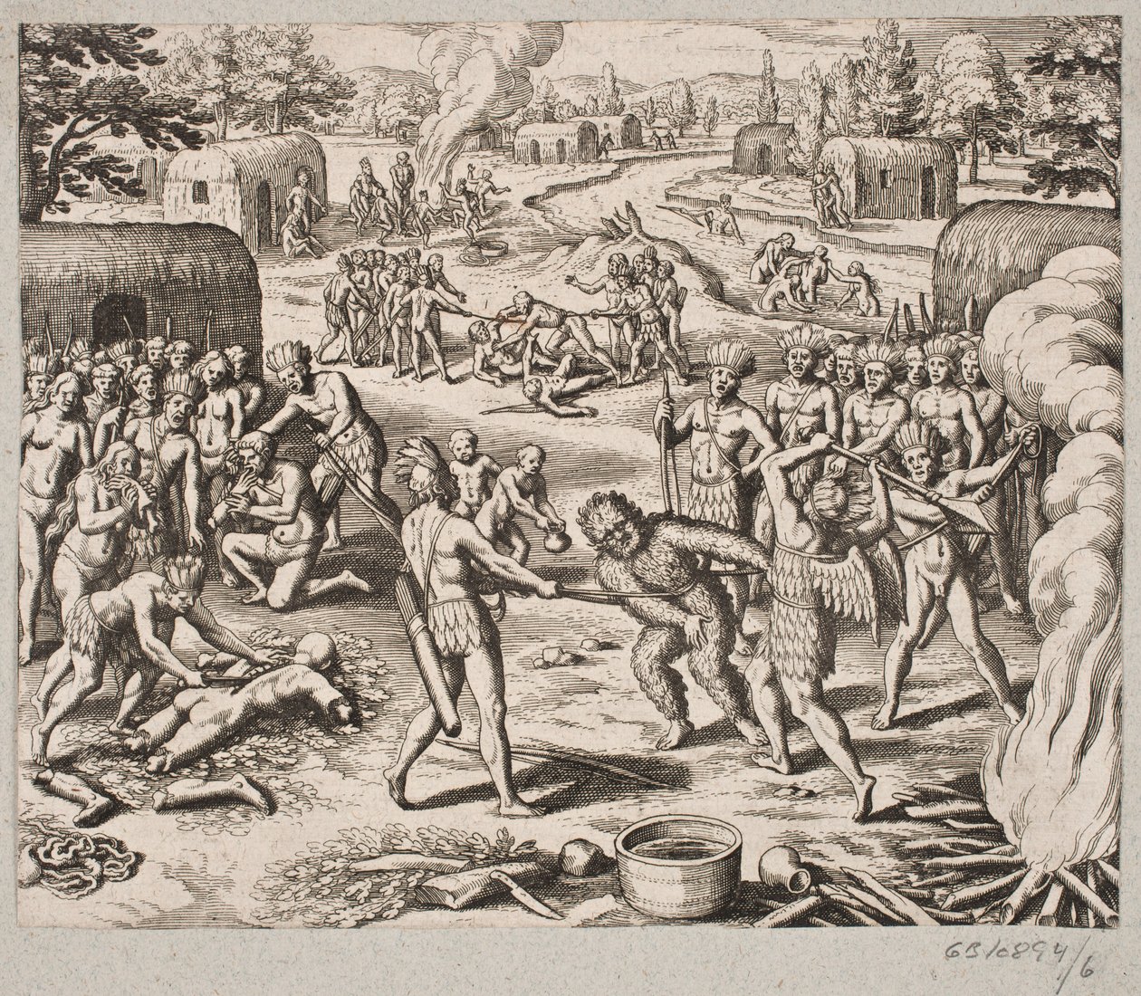 Når de fanger en av fiendene deres, blir de på barbarisk og umenneskelig måte henrettet og spist av Matthäus Merian d.Æ.