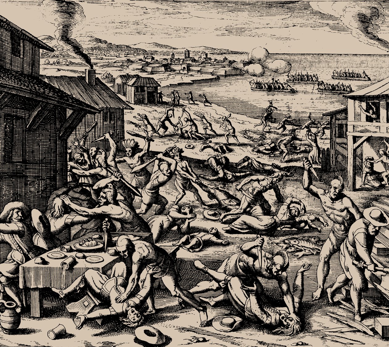 Powhatan-angrep 22. mars 1622, 1628. av Matthaus the Elder Merian