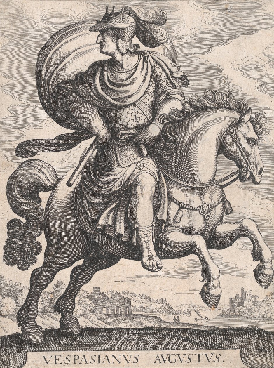 Keiser Vespasian til hest, fra serien De første tolv romerske keiser, plate 1..., 1610-50. av Matthaus Merian