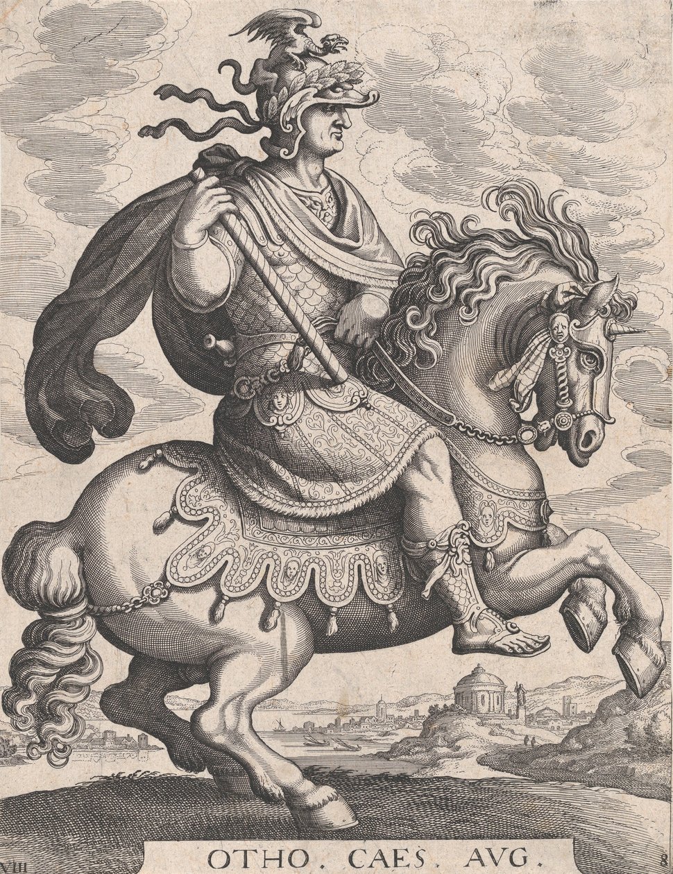 Plate 8: Keiser Otho til hest, fra 'De første tolv romerske keiser', etter Tempes..., 1610-50. av Matthaus Merian