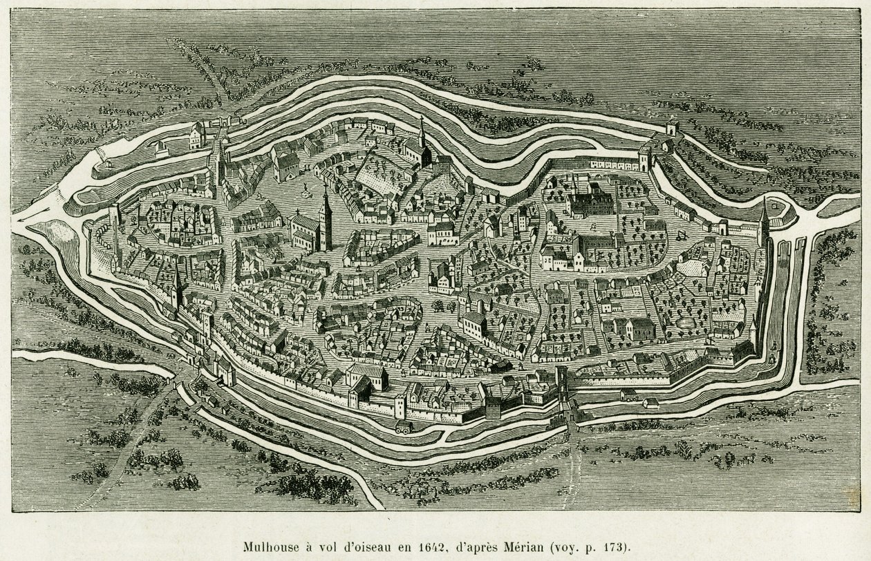 Mulhouse flyr i 1642. Gravering av Matthaus Merian (1593-1650) for å illustrere historien A Through Alsace and Lorraine, av Charles Grad, tysk deputert, i 1885, i tour du monde 1886, regissert av Edouard Charton (1807-1890) , Hachette, Paris. av Matthaus the Elder (after) Merian