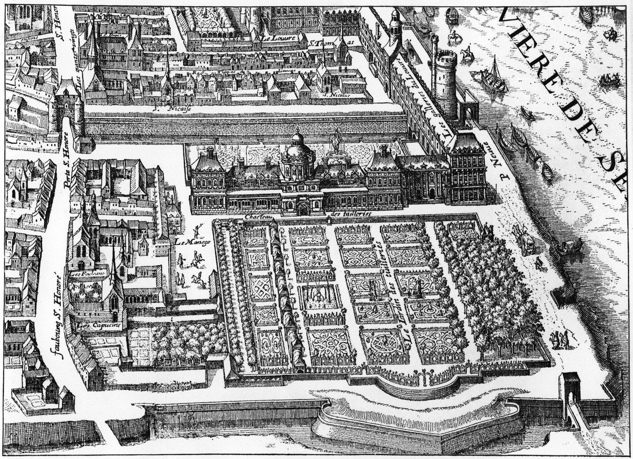 Paris: palasset og hagen til Tuileriene i 1615, faksimile av Mathieu Merians plan. av Matthaus the Elder (after) Merian